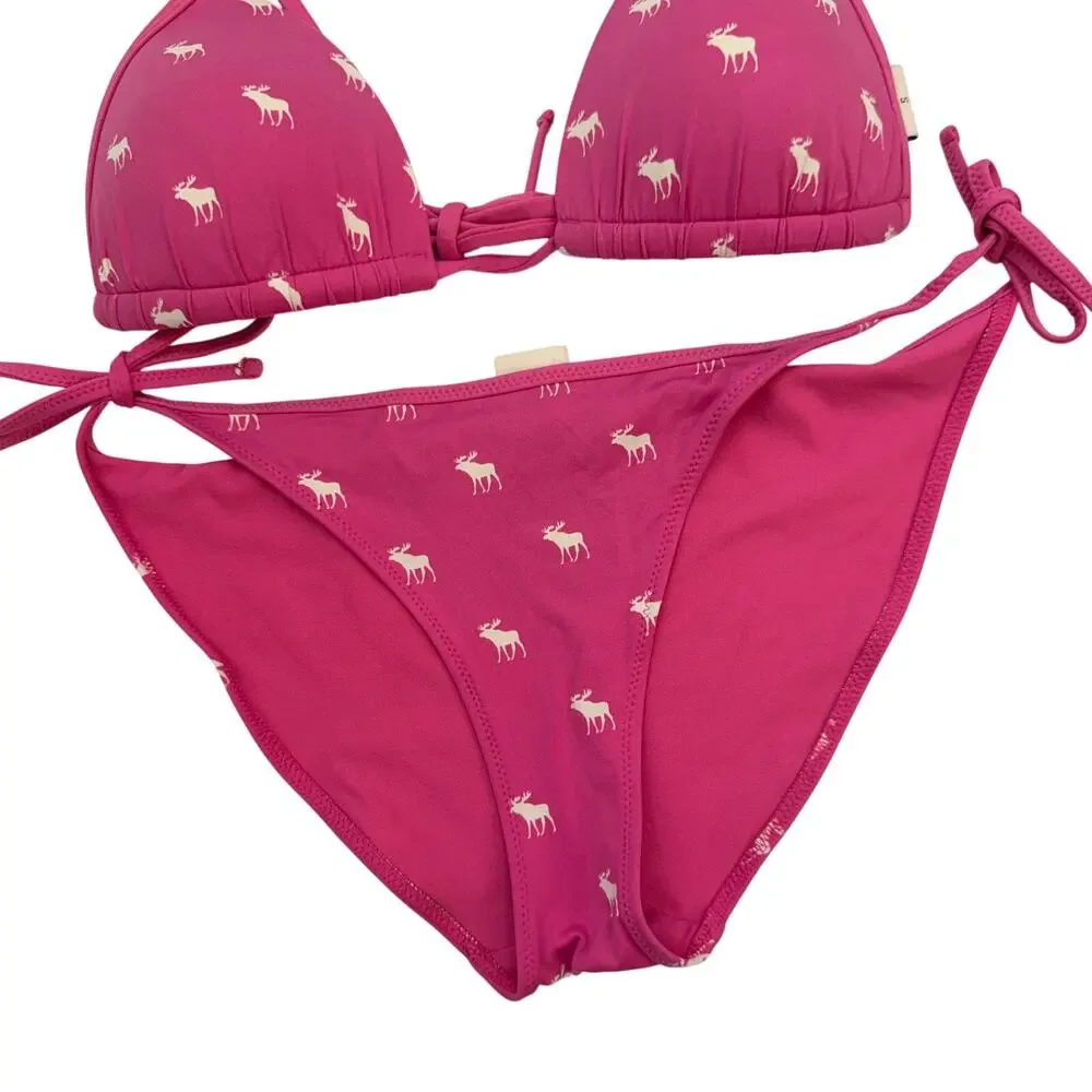 Vintage Y2K 2000s Abercrombie Pink Moose Print Bikini Swimsuit S/M